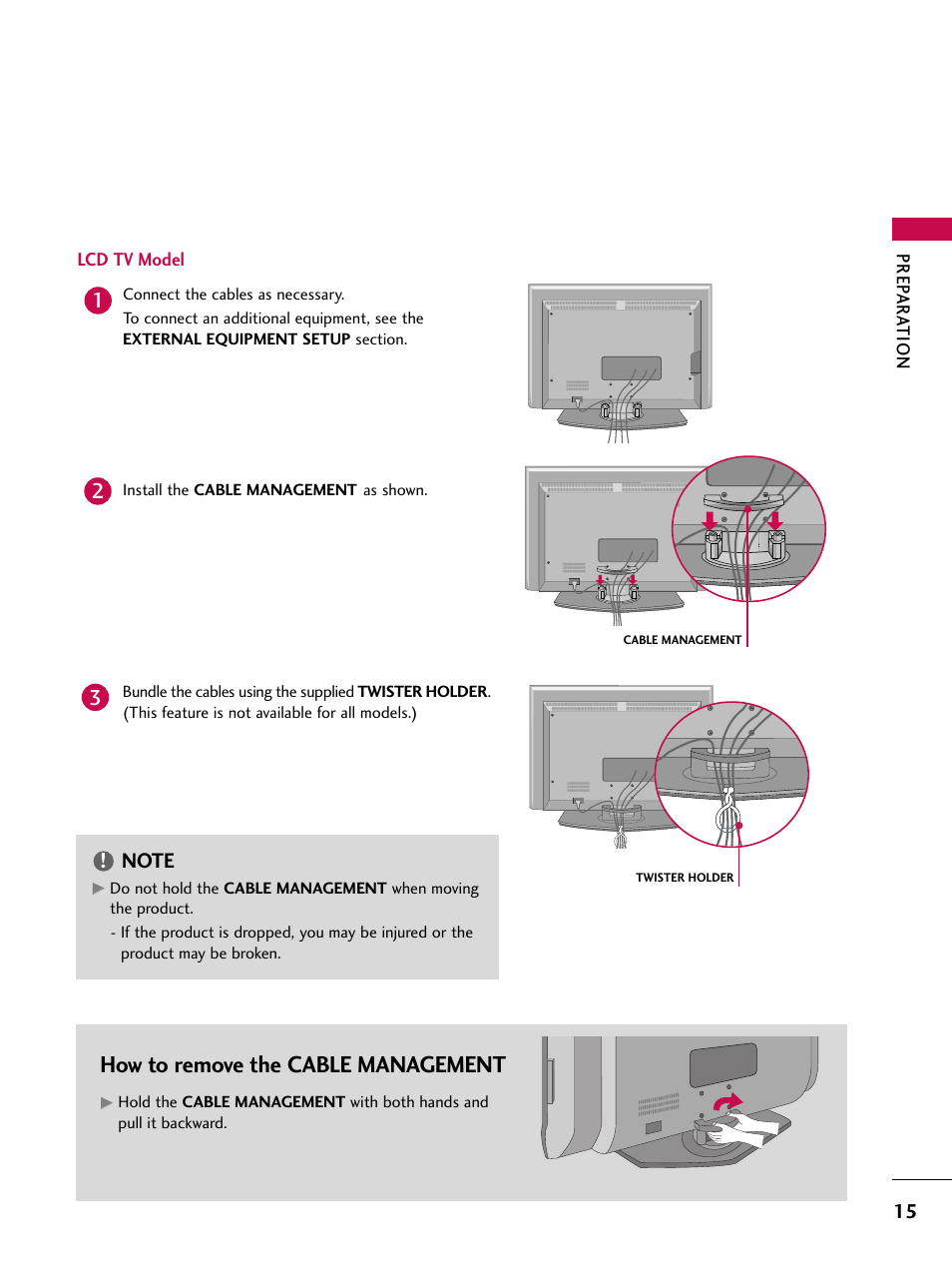 Lcd tv model, How to remove the cable management | LG 47LC7DF User Manual | Page 17 / 122
