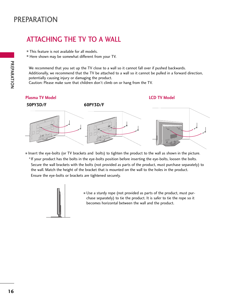Attaching the tv to a wall, Preparation | LG 47LC7DF User Manual | Page 18 / 122