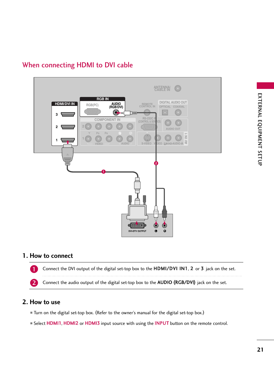 When connecting hdmi to dvi cable, How to connect, How to use | External eq uipment setup | LG 47LC7DF User Manual | Page 23 / 122