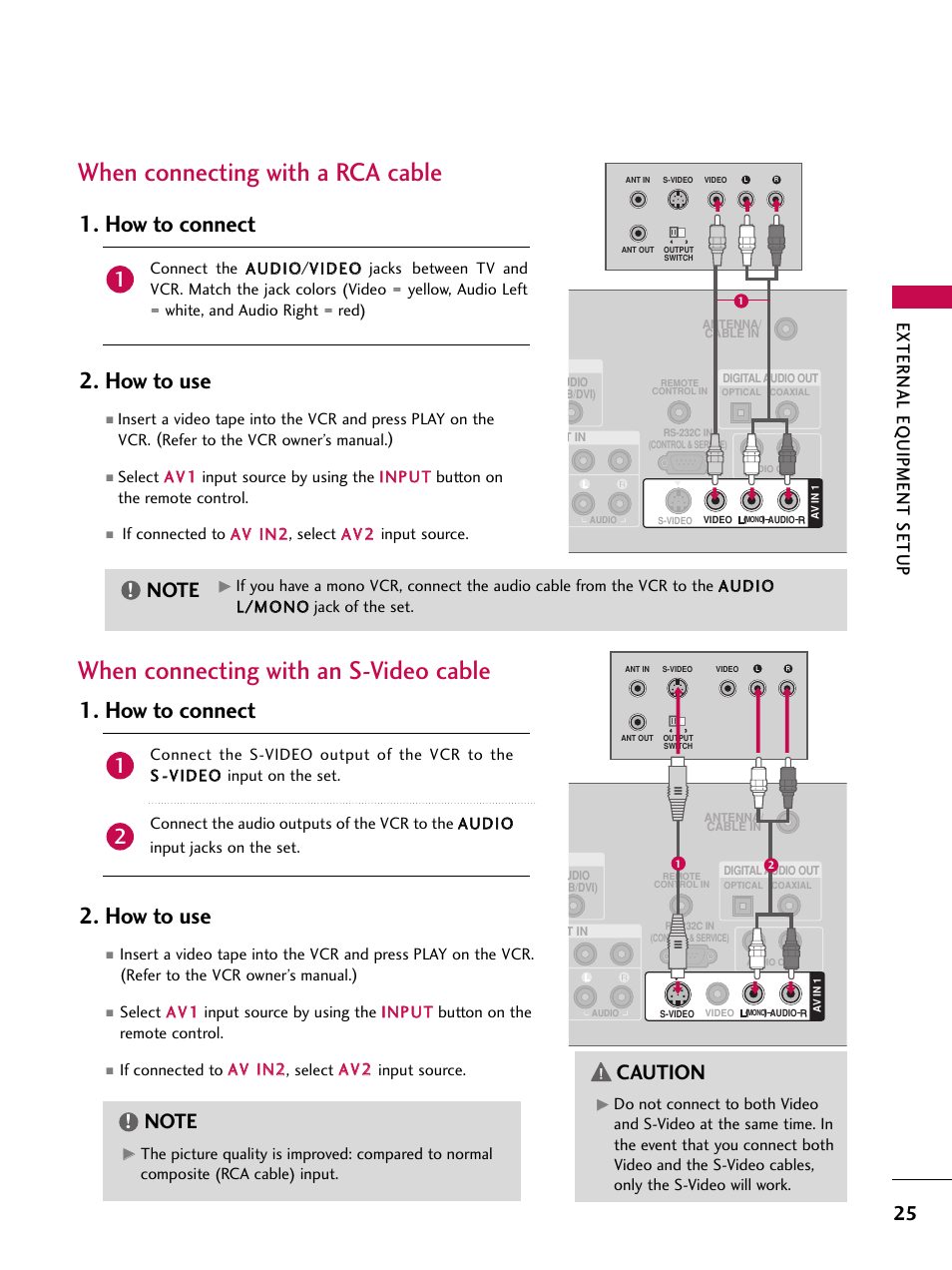 When connecting with a rca cable, When connecting with an s-video cable, How to connect 2. how to use | Caution, External eq uipment setup | LG 47LC7DF User Manual | Page 27 / 122