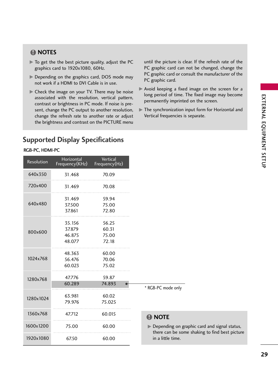 Supported display specifications | LG 47LC7DF User Manual | Page 31 / 122