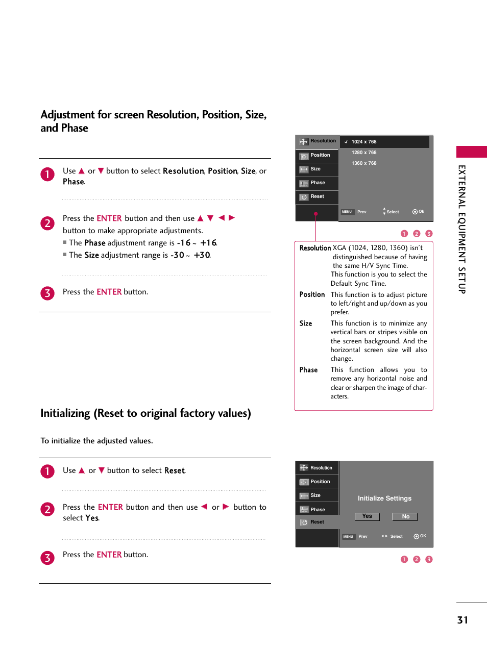 Initializing (reset to original factory values), External eq uipment setup | LG 47LC7DF User Manual | Page 33 / 122