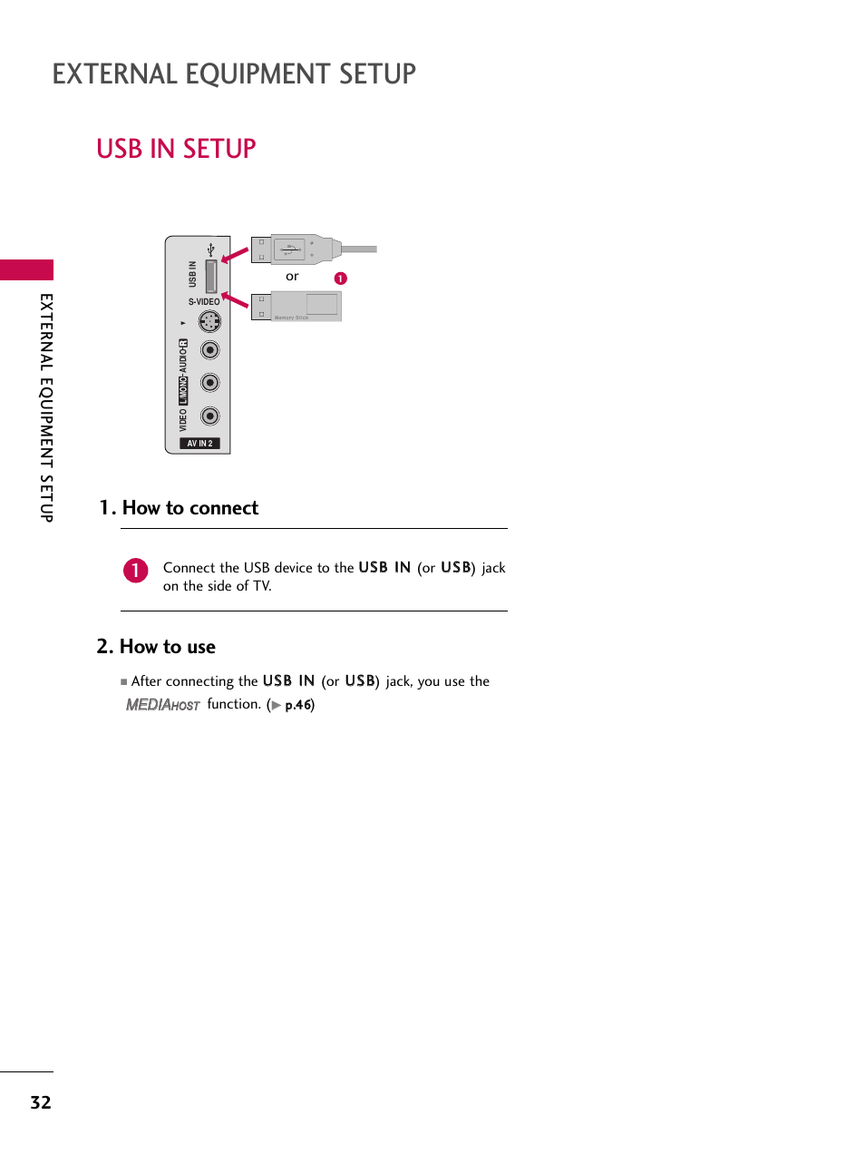 Usb in setup, External equipment setup, How to connect | How to use, External eq uipment setup | LG 47LC7DF User Manual | Page 34 / 122