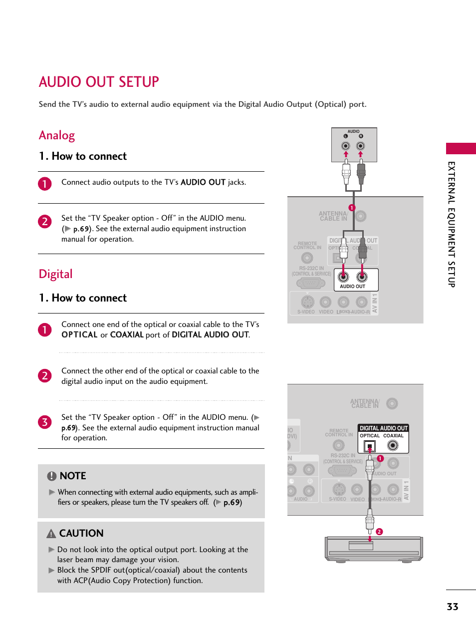 Audio out setup, Analog digital, How to connect | Caution, External eq uipment setup | LG 47LC7DF User Manual | Page 35 / 122