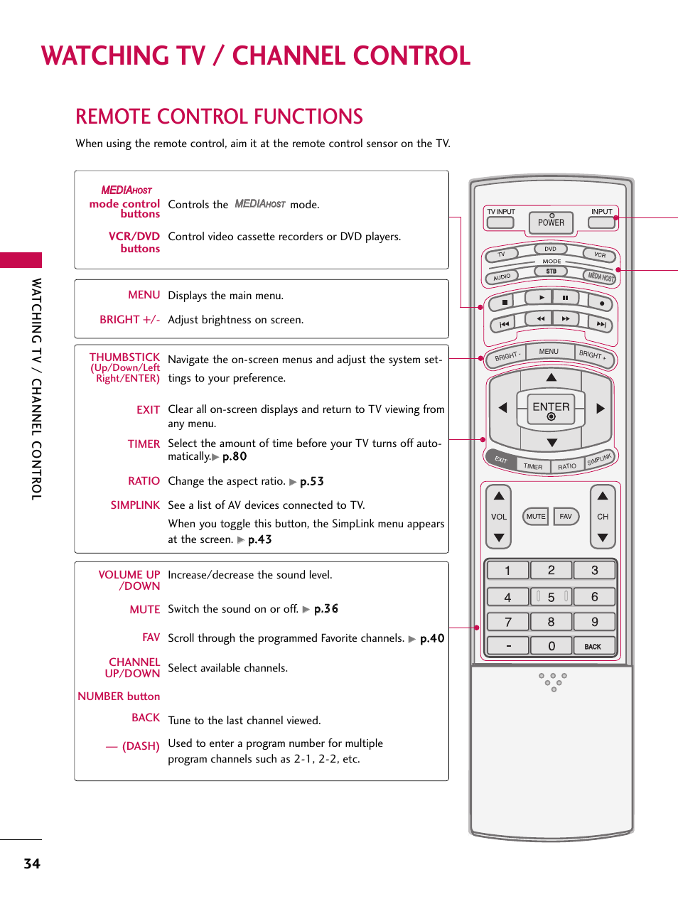 Watching tv / channel control, Remote control functions, Watching tv / channel contr ol | LG 47LC7DF User Manual | Page 36 / 122