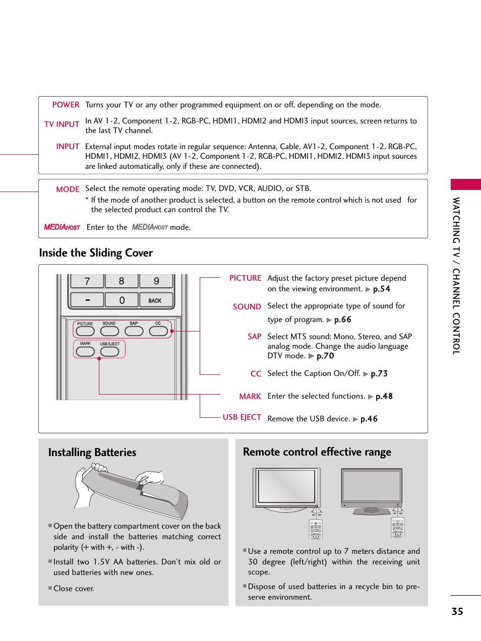 Installing batteries, Remote control effective range, Inside the sliding cover | Watching tv / channel contr ol | LG 47LC7DF User Manual | Page 37 / 122