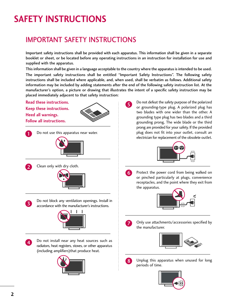 Safety instructions, Important safety instructions | LG 47LC7DF User Manual | Page 4 / 122