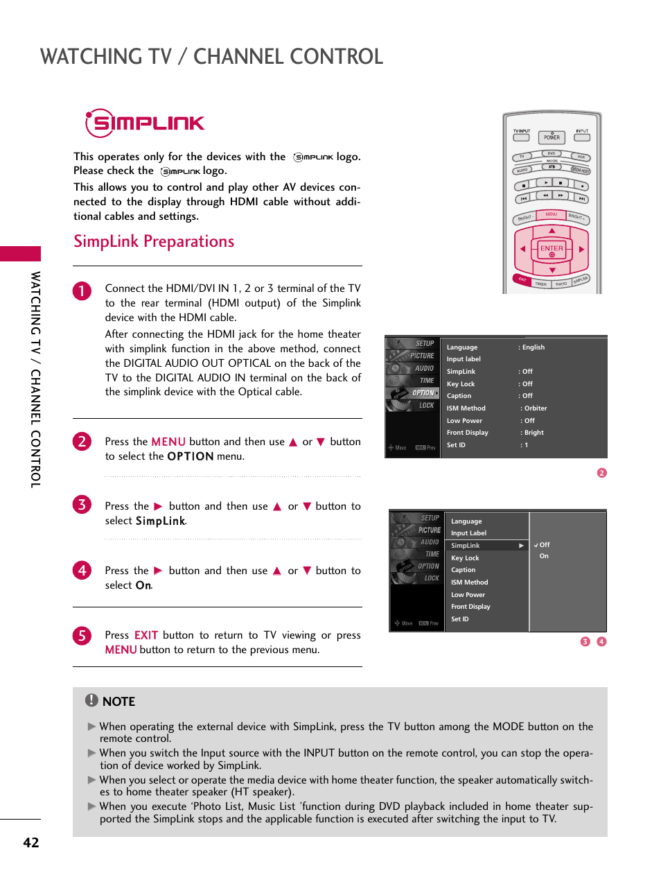 Simplink, Simplink preparations, Watching tv / channel control | Watching tv / channel contr ol, Button and then use, Button to select ssiim mp plliinnkk. press the | LG 47LC7DF User Manual | Page 44 / 122