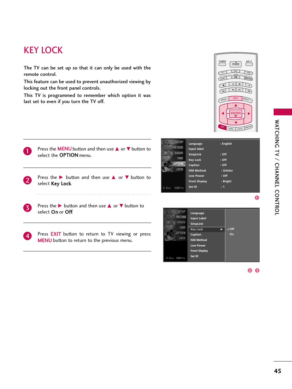 Key lock, Watching tv / channel contr ol, Button and then use | Button to select k keeyy llo occkk. press the | LG 47LC7DF User Manual | Page 47 / 122