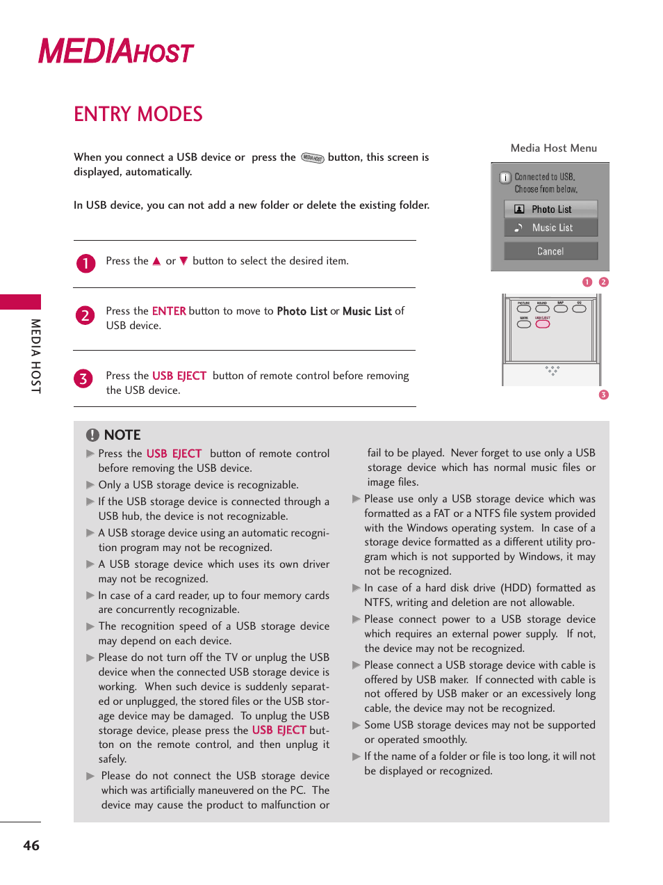Media host, Entry modes, Media | Host | LG 47LC7DF User Manual | Page 48 / 122