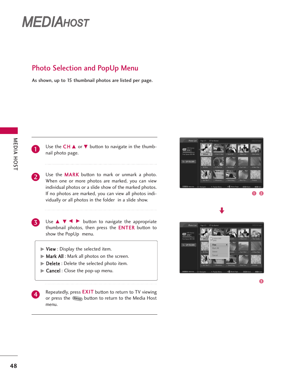 Media, Host, Photo selection and popup menu | LG 47LC7DF User Manual | Page 50 / 122