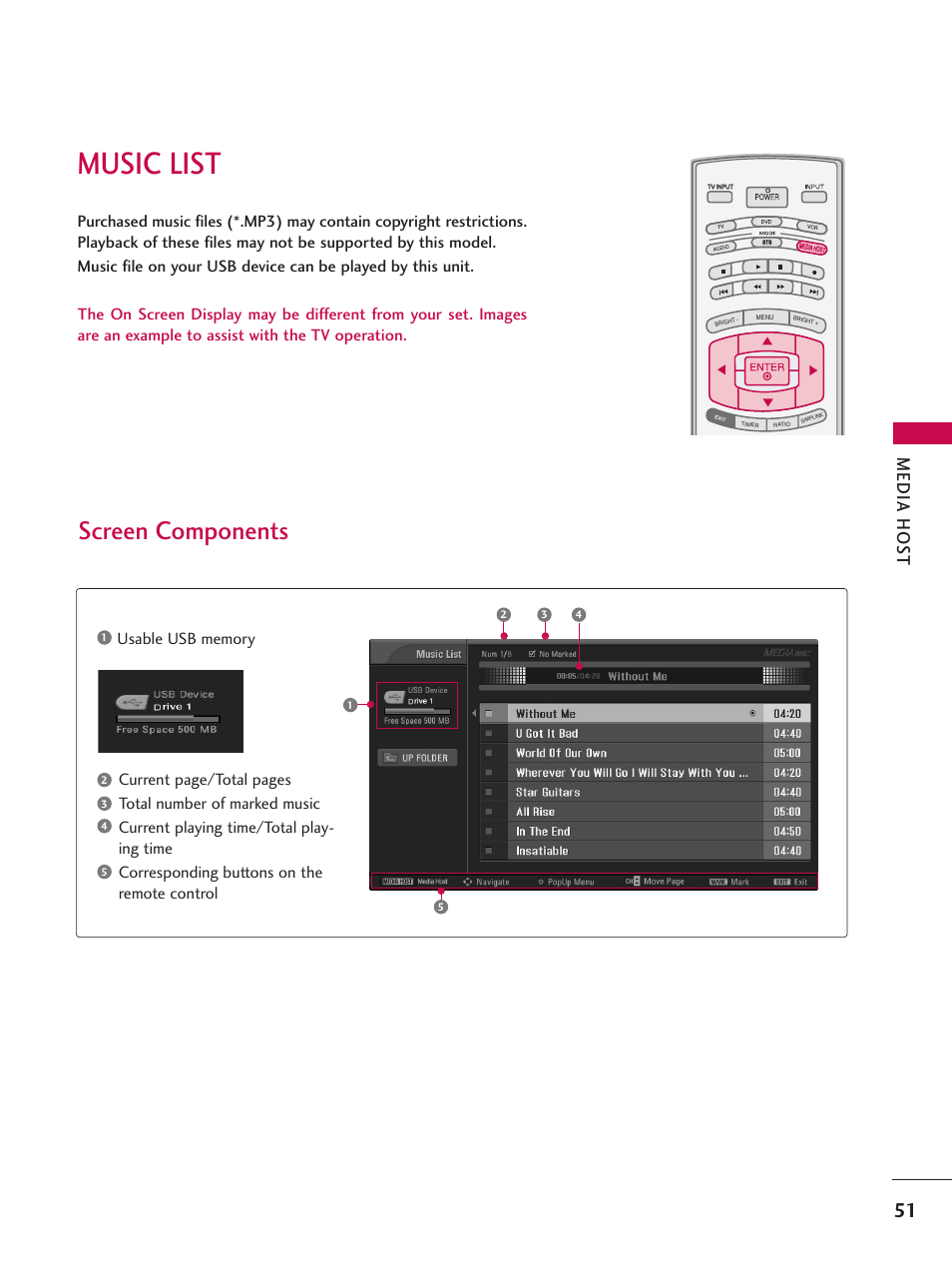 Music list, Screen components, Media hos t | LG 47LC7DF User Manual | Page 53 / 122