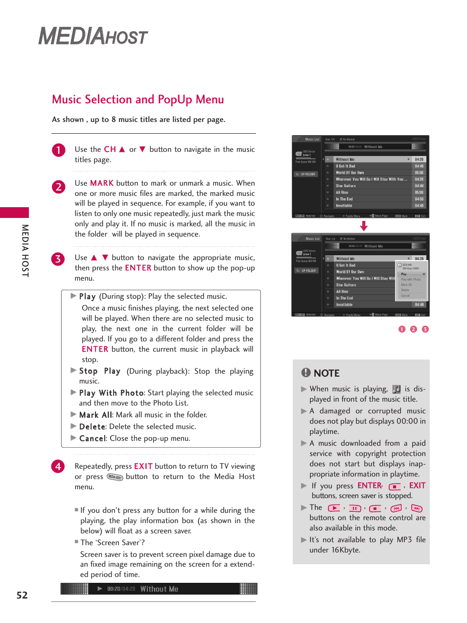 Media, Host, Music selection and popup menu | LG 47LC7DF User Manual | Page 54 / 122