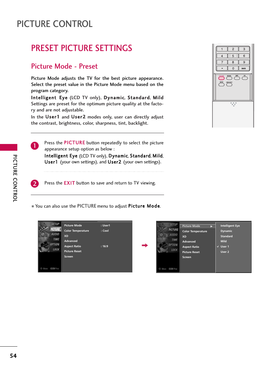 Preset picture settings, Picture mode - preset, Picture control | Picture contr ol | LG 47LC7DF User Manual | Page 56 / 122