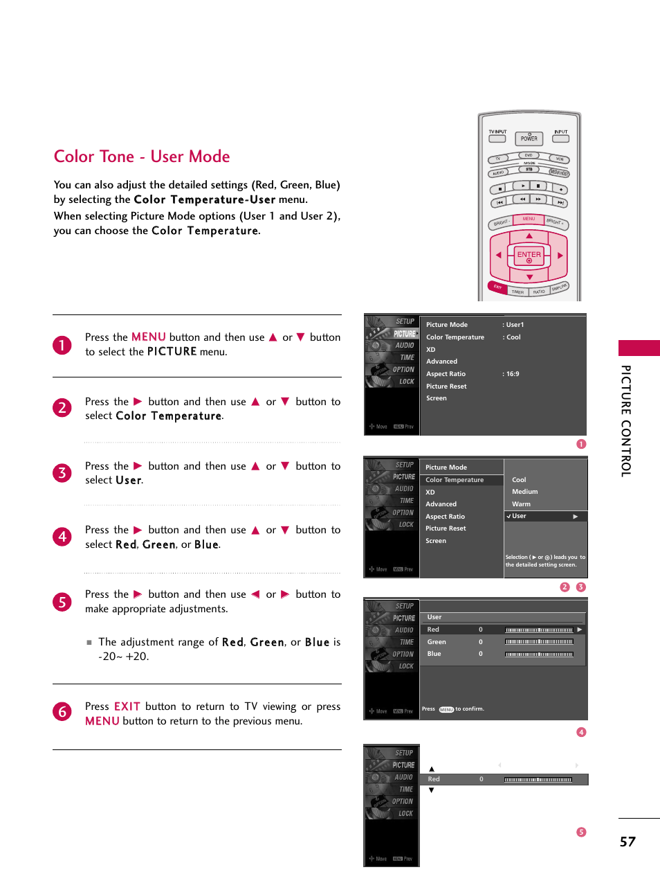 Color tone - user mode, Picture contr ol, Press the m meen nu u button and then use | Button and then use, Button to select u usseerr. press the, Button to make appropriate adjustments | LG 47LC7DF User Manual | Page 59 / 122