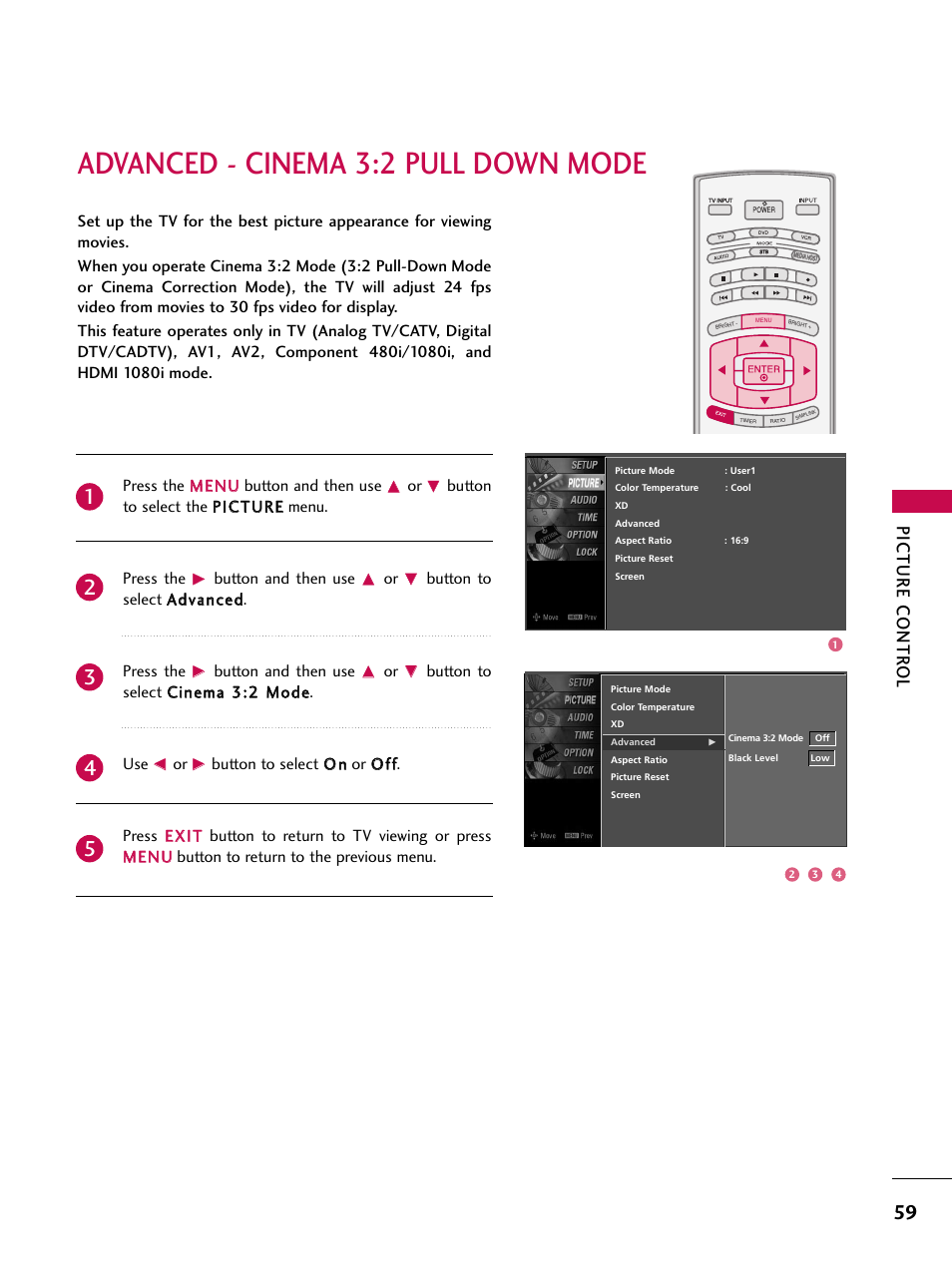 Advanced - cinema 3:2 pull down mode, Picture contr ol, Press the m meen nu u button and then use | Button and then use, Button to select a ad dvvaanncceed d. press the | LG 47LC7DF User Manual | Page 61 / 122