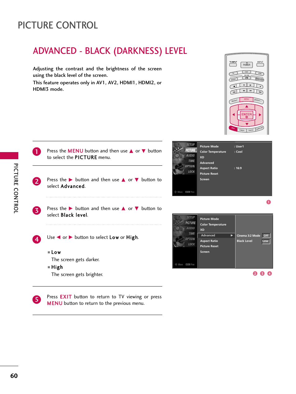 Advanced - black (darkness) level, Picture control, Picture contr ol | Press the m meen nu u button and then use, Button and then use, Button to select a ad dvvaanncceed d. press the, Button to select b bllaacckk lleevveell. use, Button to select llo ow w or h hiigghh, Llo ow w the screen gets darker | LG 47LC7DF User Manual | Page 62 / 122