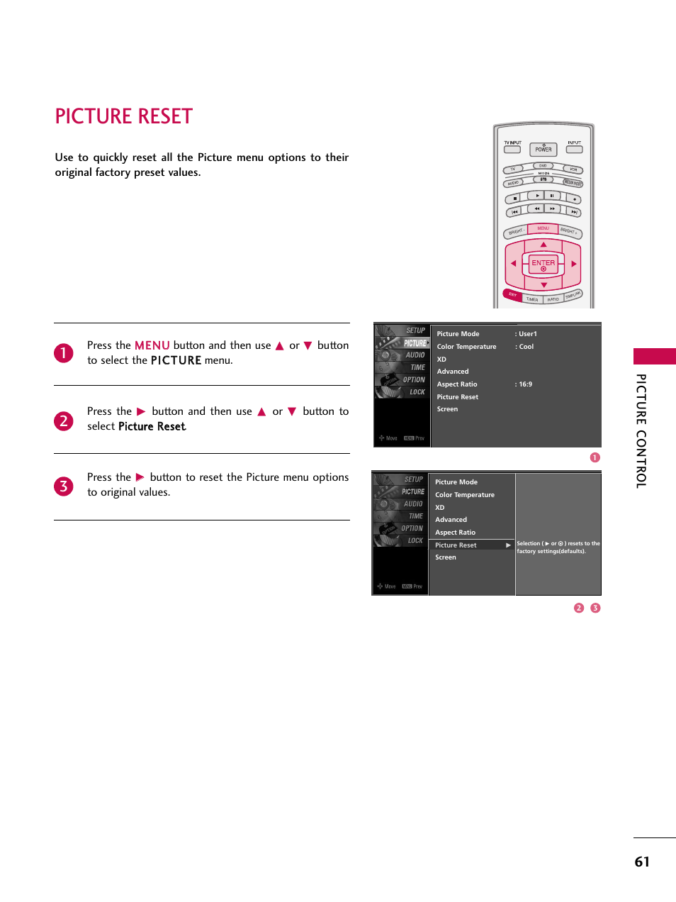 Picture reset, Picture contr ol, Press the m meen nu u button and then use | Button and then use | LG 47LC7DF User Manual | Page 63 / 122