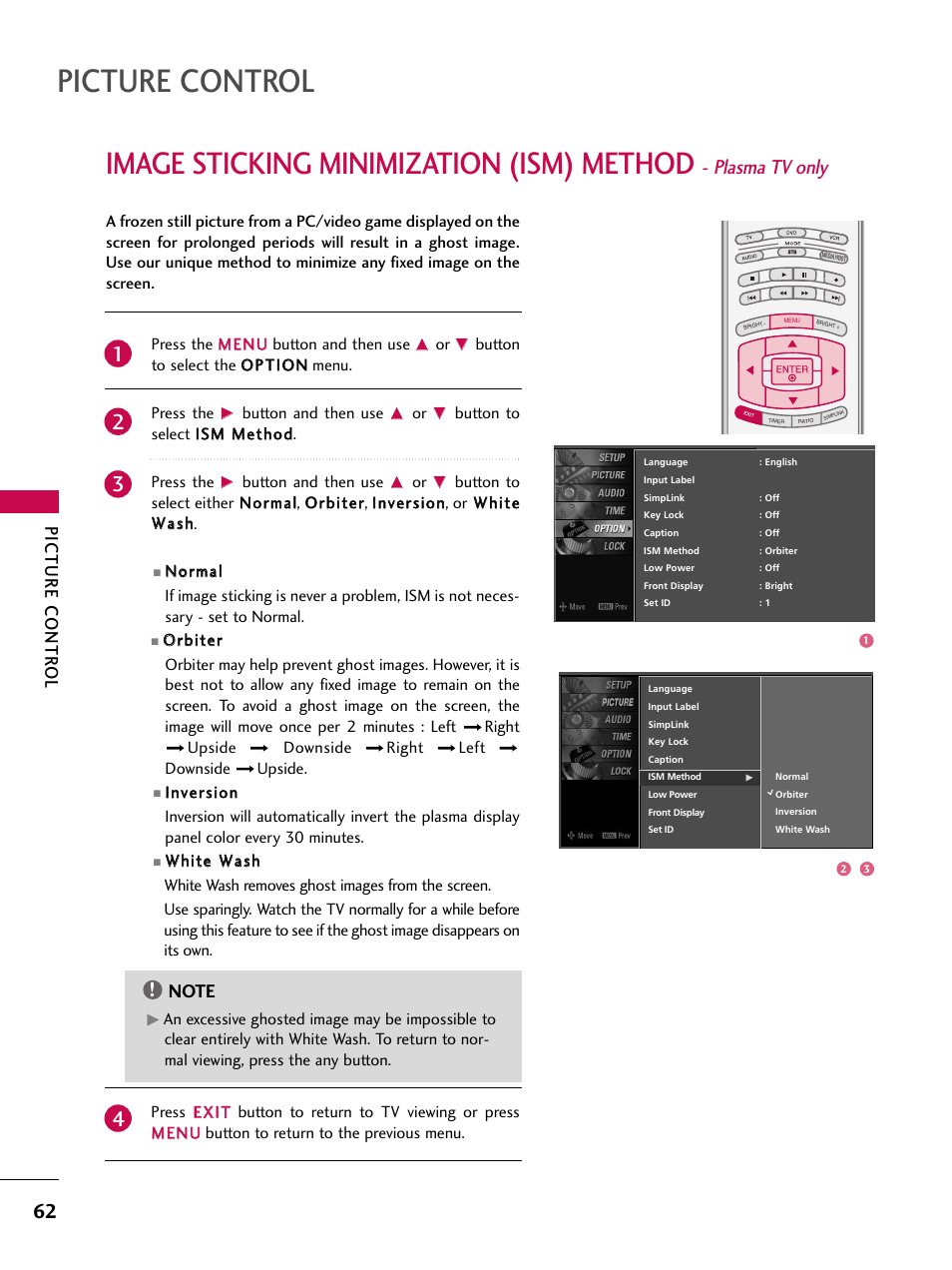 Picture control, Image sticking minimization (ism) method, Plasma tv only | Picture contr ol, Press the m meen nu u button and then use, Button and then use | LG 47LC7DF User Manual | Page 64 / 122