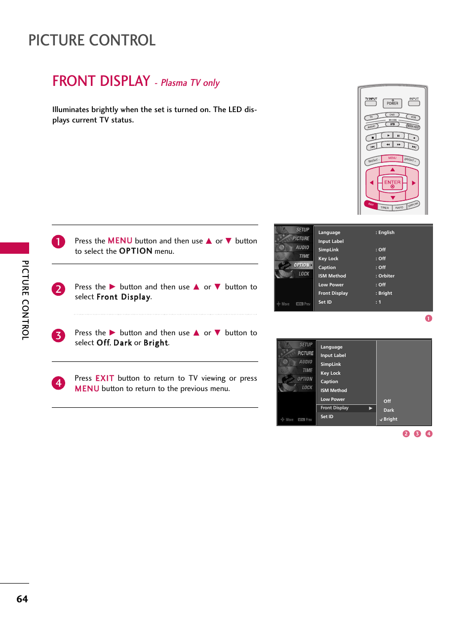Front display - plasma tv only, Picture control, Front display | Plasma tv only, Picture contr ol, Press the m meen nu u button and then use, Button and then use | LG 47LC7DF User Manual | Page 66 / 122