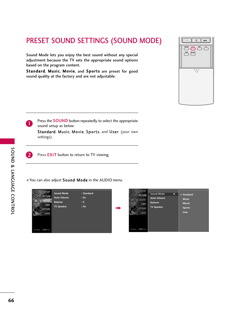 Preset sound settings (sound mode), Sound & langu a ge contr ol | LG 47LC7DF User Manual | Page 68 / 122