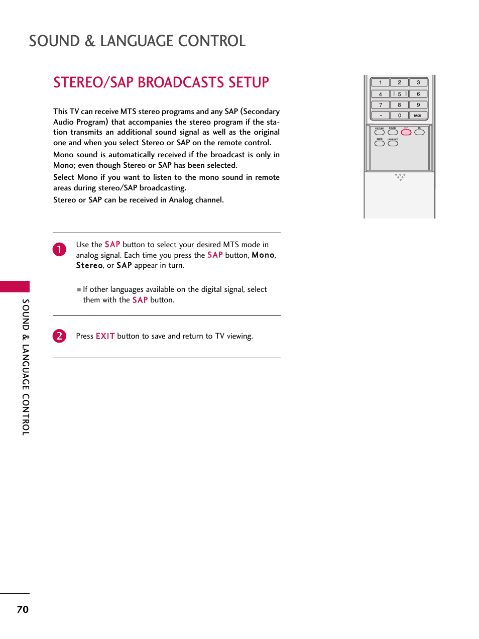 Stereo/sap broadcasts setup, Sound & language control, Sound & langu a ge contr ol | LG 47LC7DF User Manual | Page 72 / 122