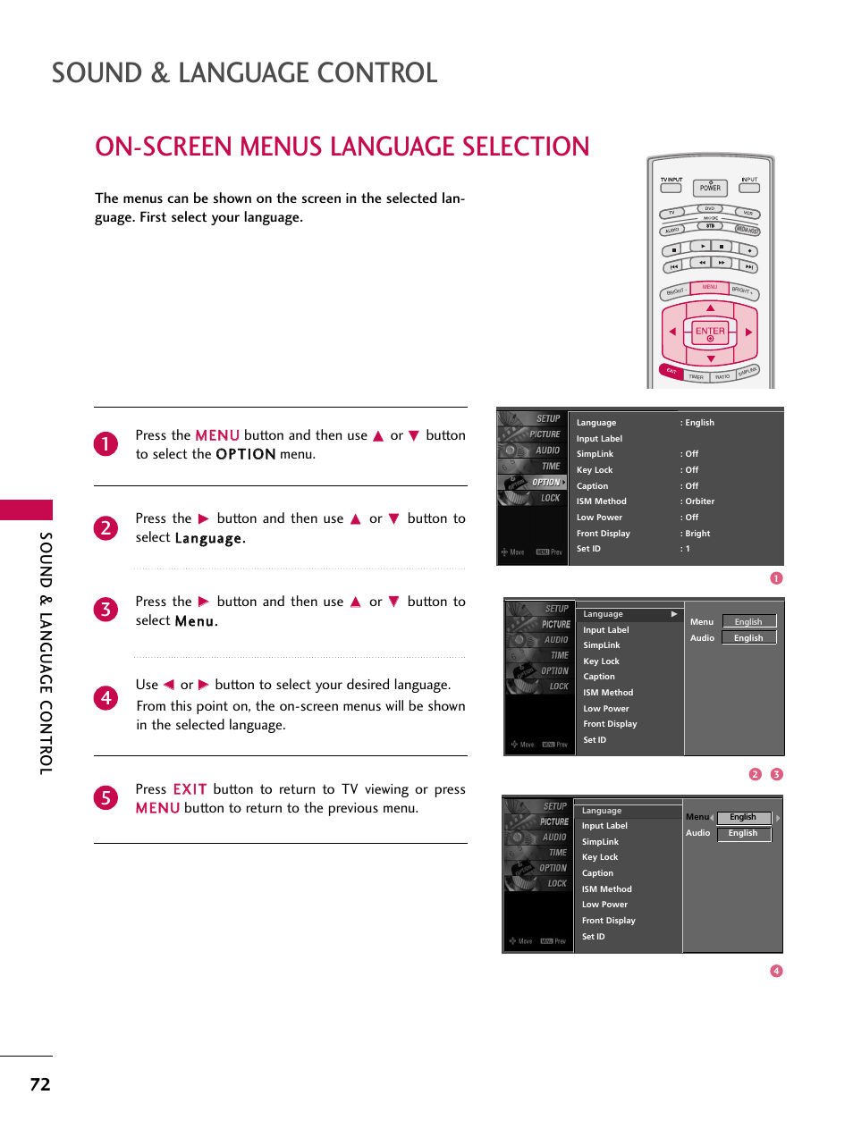 On-screen menus language selection, Sound & language control, Sound & langu a ge contr ol | Button and then use, Button to select llaanngguuaaggee.. press the, Button to select m meennuu.. use | LG 47LC7DF User Manual | Page 74 / 122