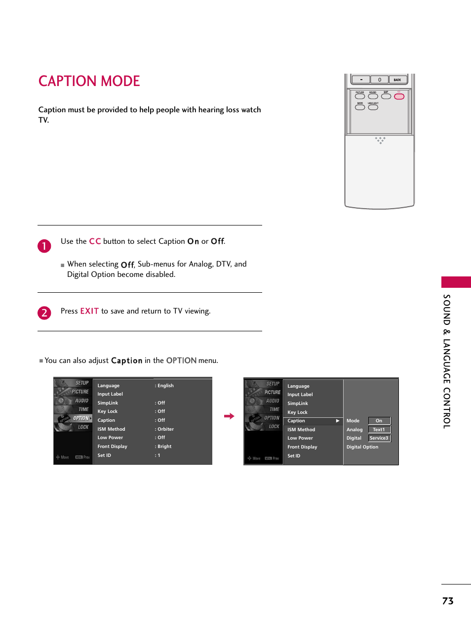 Caption mode, Sound & langu a ge contr ol | LG 47LC7DF User Manual | Page 75 / 122