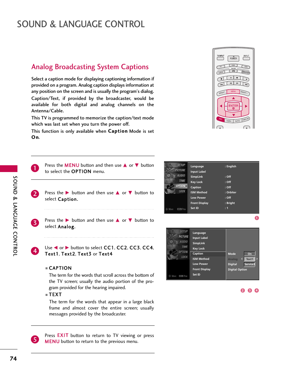 Analog broadcasting system captions, Sound & language control, Sound & langu a ge contr ol | Button and then use, Button to select c caap pttiio onn.. press the, Button to select a annaallo ogg.. use | LG 47LC7DF User Manual | Page 76 / 122