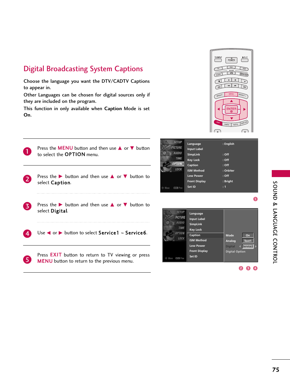 Digital broadcasting system captions, Sound & langu a ge contr ol, Press the m meen nu u button and then use | Button and then use, Button to select c caap pttiio onn. press the, Button to select d diiggiittaall. use | LG 47LC7DF User Manual | Page 77 / 122