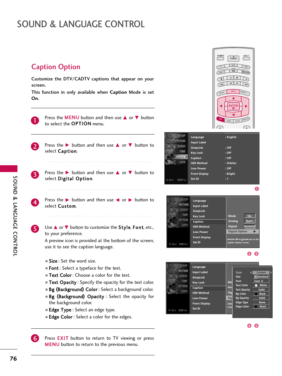 Caption option, Sound & language control, Sound & langu a ge contr ol | Button and then use, Button to select c caap pttiio onn. press the, Button to select c cuusstto om m. use, Ssiizzee : set the word size, Ffo onntt : select a typeface for the text, Eed dggee t tyyp pee : select an edge type | LG 47LC7DF User Manual | Page 78 / 122