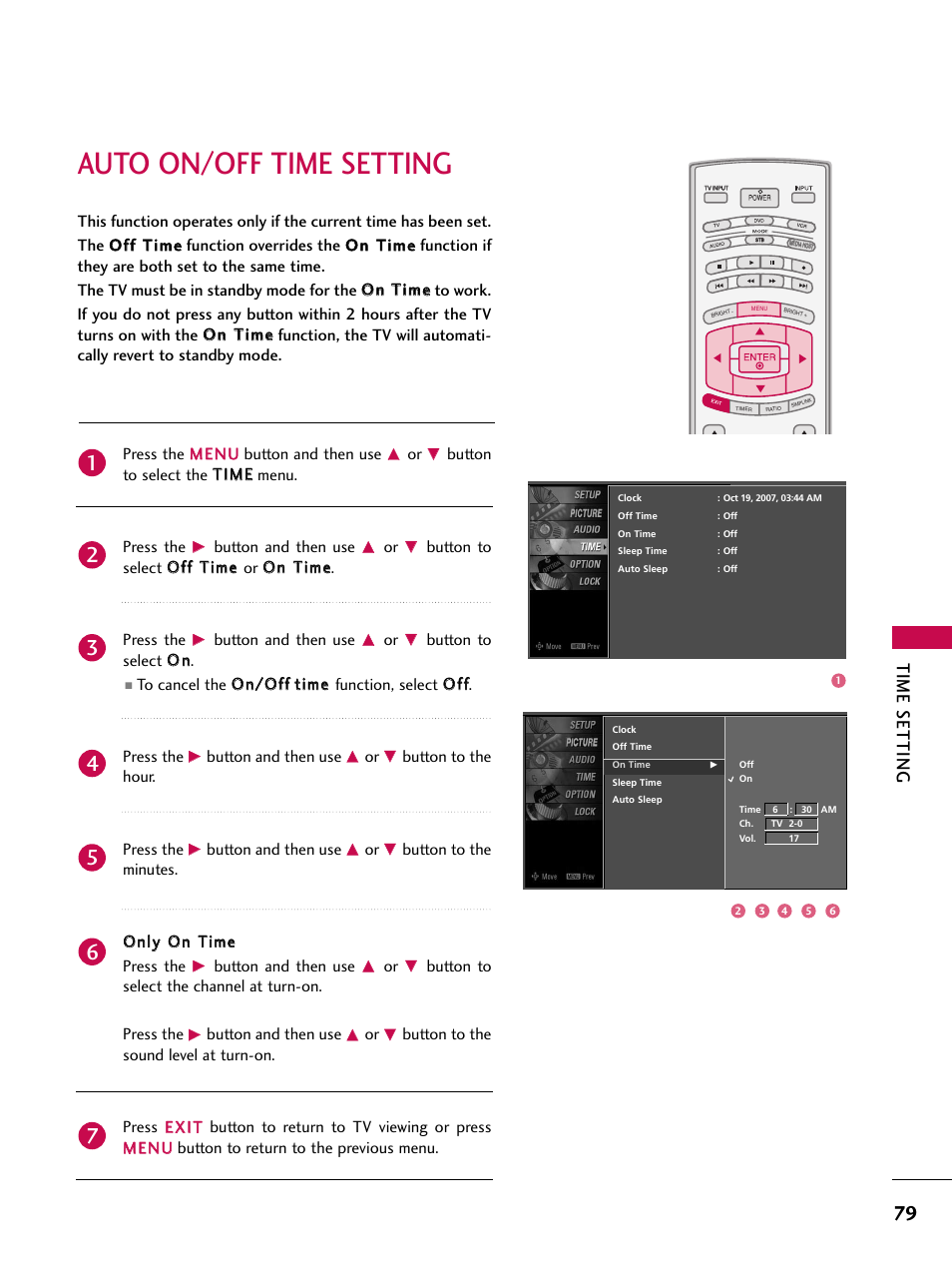 Auto on/off time setting, Time setting, Button to select the t tiim mee menu. press the | Button and then use, Button to select o o nn, Button to the hour. press the, Button to select the channel at turn-on. press the | LG 47LC7DF User Manual | Page 81 / 122