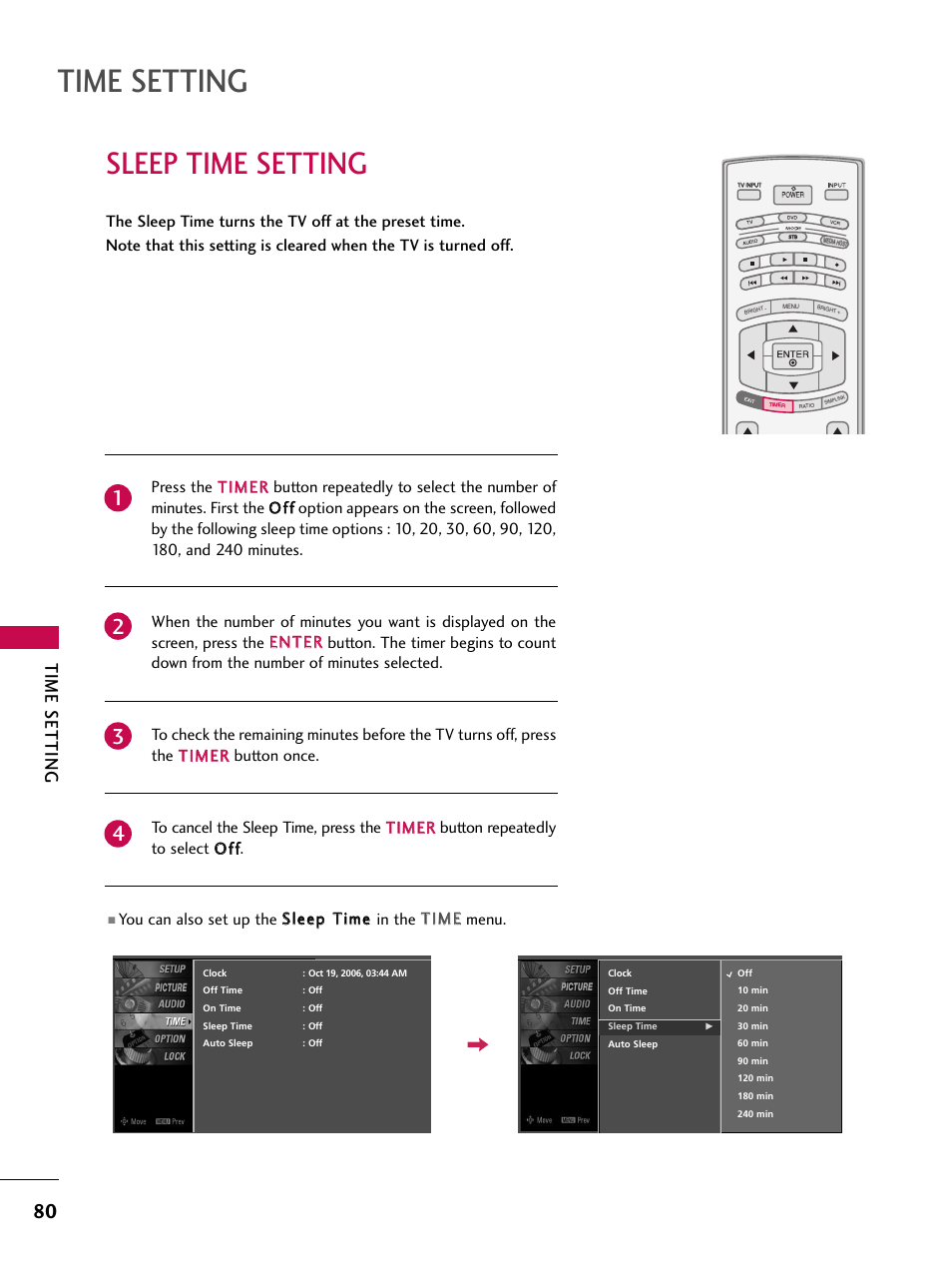 Sleep time setting, Time setting | LG 47LC7DF User Manual | Page 82 / 122