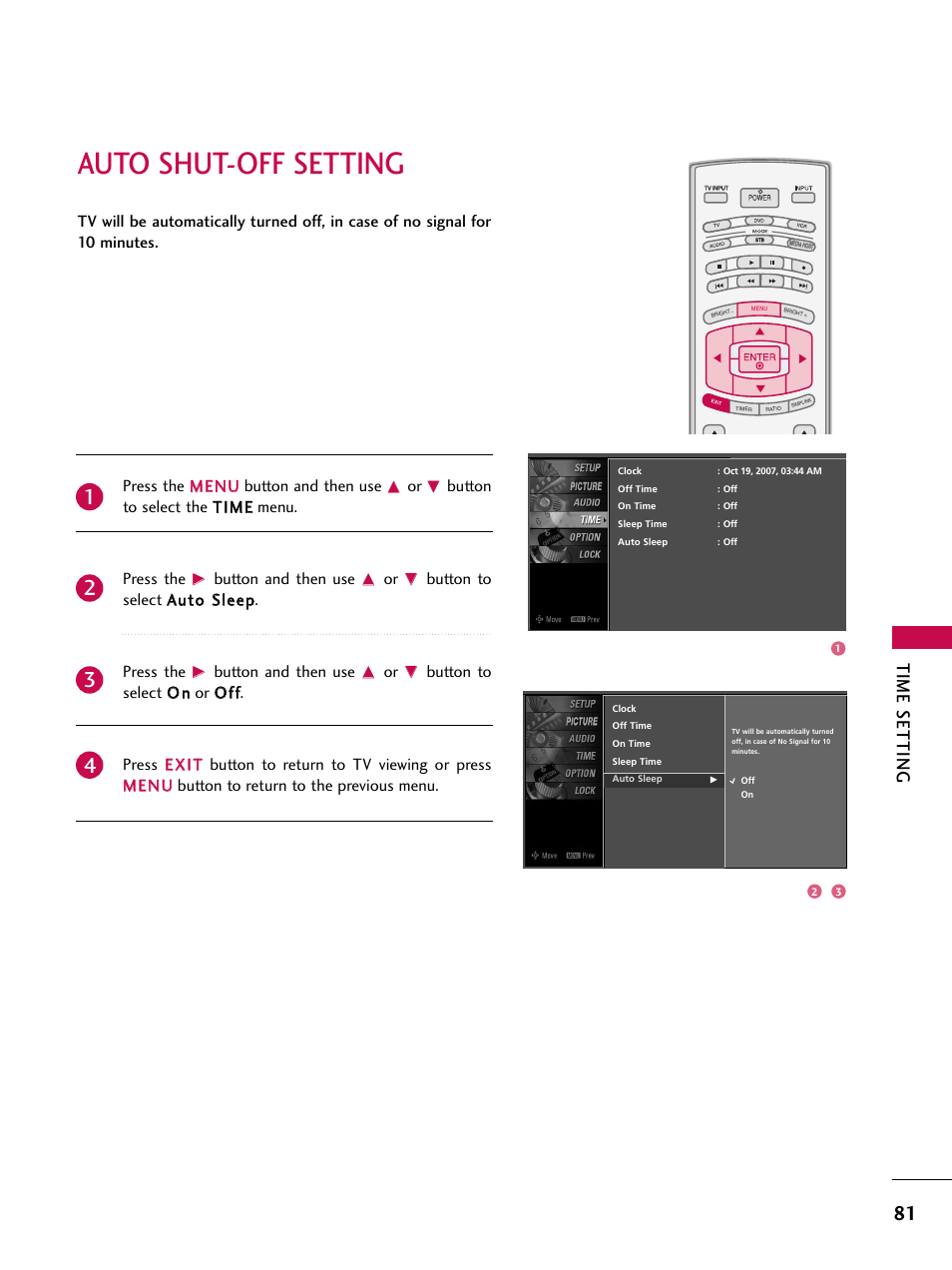 Auto shut-off setting, Time setting, Button to select the t tiim mee menu. press the | Button and then use | LG 47LC7DF User Manual | Page 83 / 122