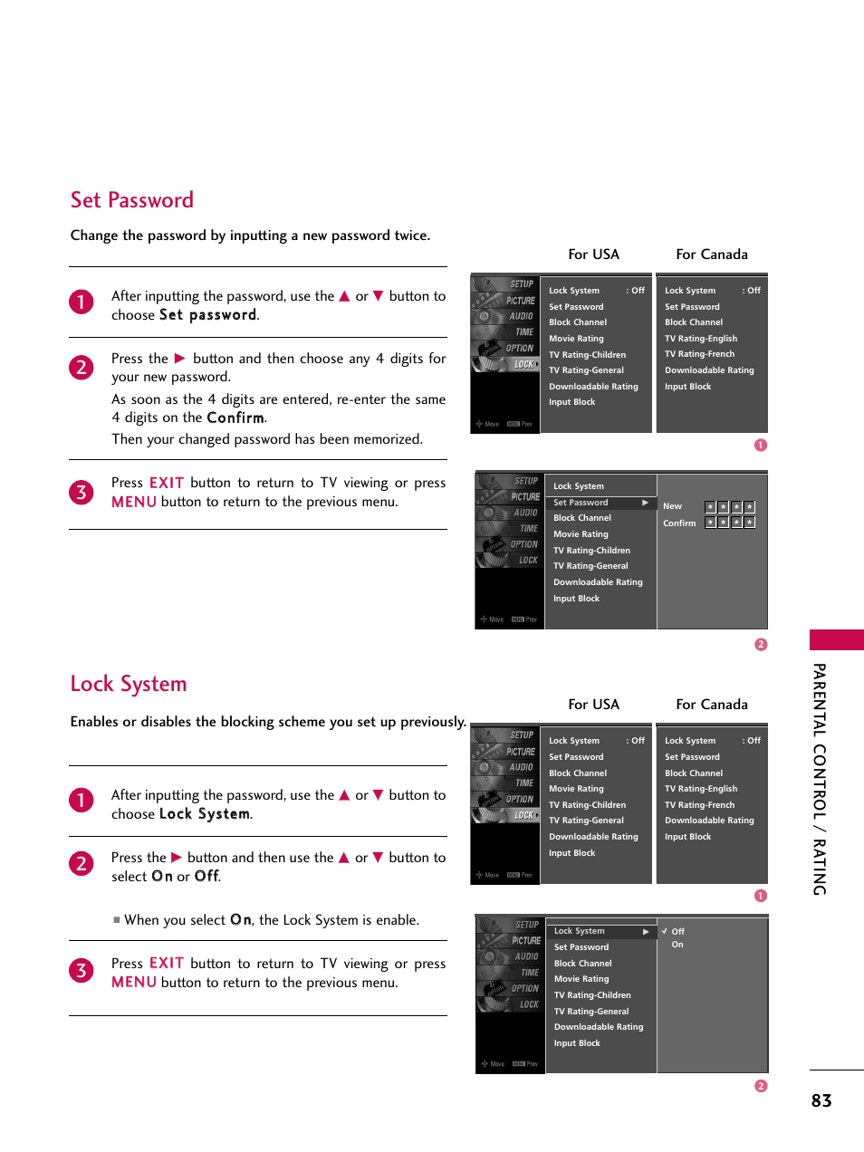 Set password, Lock system, Set password lock system | Parent al contr ol / r ating | LG 47LC7DF User Manual | Page 85 / 122