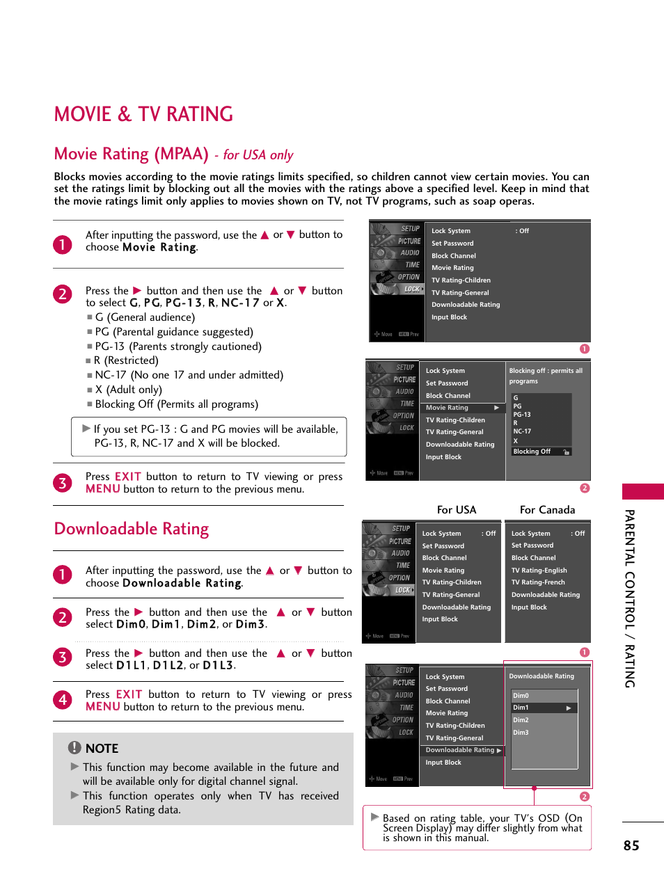 Movie & tv rating, Movie rating (mpaa) - for usa only, Downloadable rating | Movie rating (mpaa), For usa only, Parent al contr ol / r ating | LG 47LC7DF User Manual | Page 87 / 122