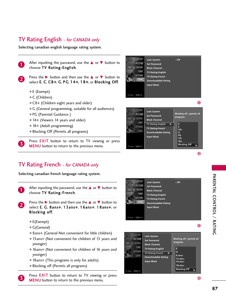 Tv rating english - for canada only, Tv rating french - for canada only, Tv rating english | Tv rating french, For canada only, Parent al contr ol / r ating | LG 47LC7DF User Manual | Page 89 / 122