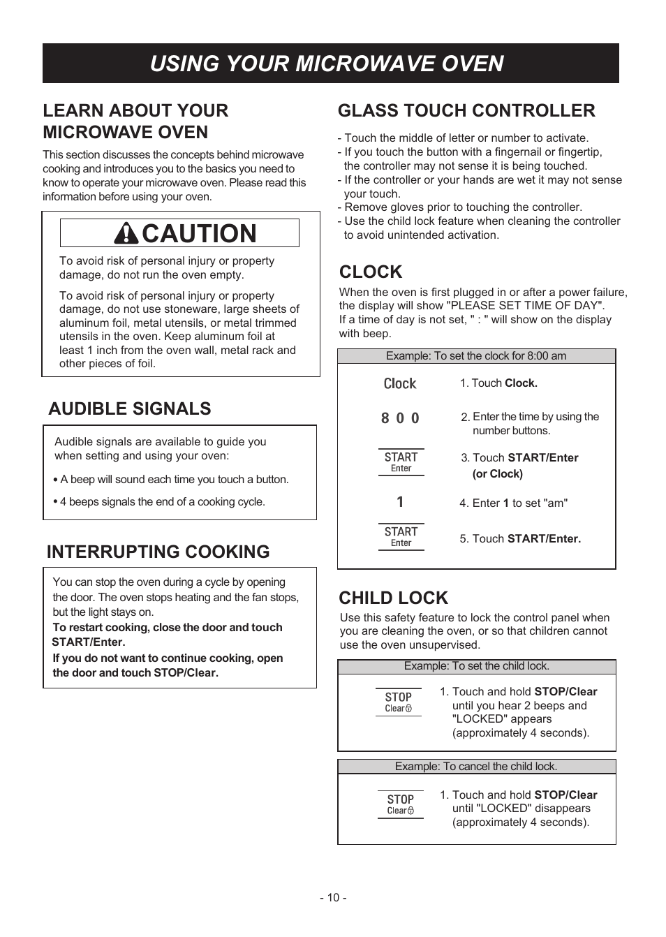 Caution, Using your microwave oven, Learn about your microwave oven | Glass touch controller, Clock, Child lock, Audible signals, Interrupting cooking | LG LMVM2033SB User Manual | Page 10 / 32