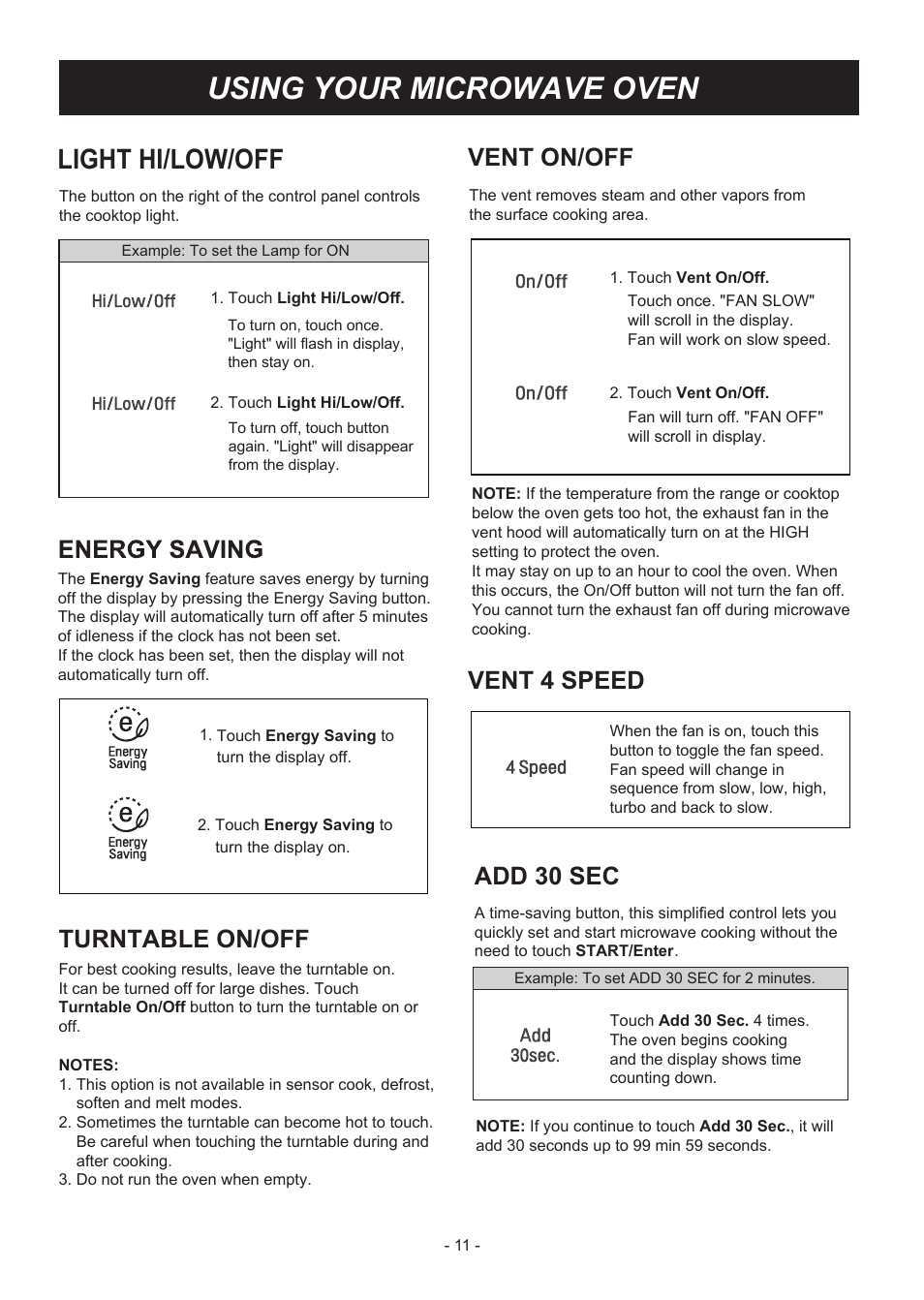 Using your microwave oven, Light hi/low/off, Vent on/off | Add 30 sec, Vent 4 speed, Turntable on/off | LG LMVM2033SB User Manual | Page 11 / 32