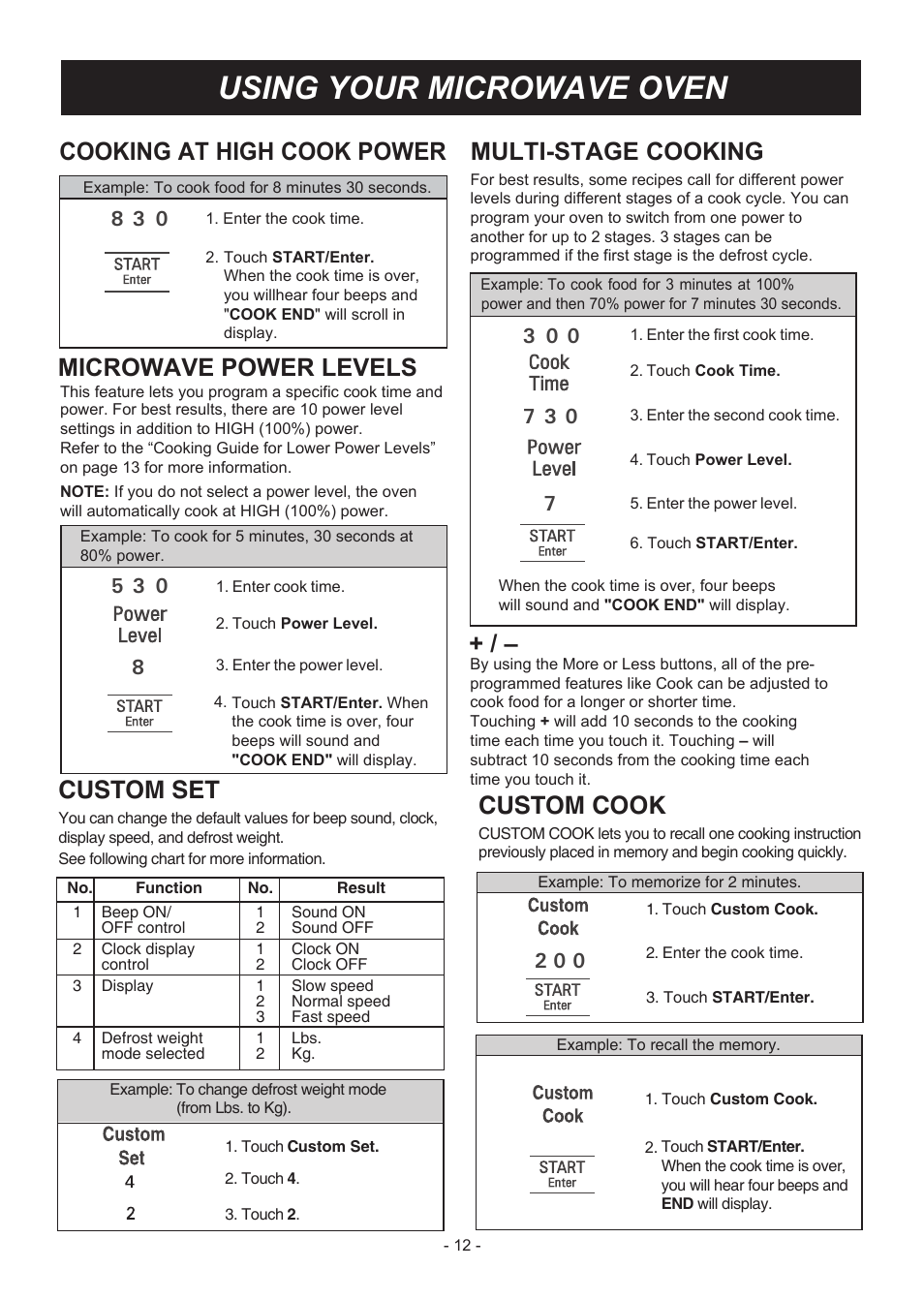 Using your microwave oven, Cooking at high cook power, Microwave power levels | Custom set, Multi-stage cooking, Custom cook | LG LMVM2033SB User Manual | Page 12 / 32