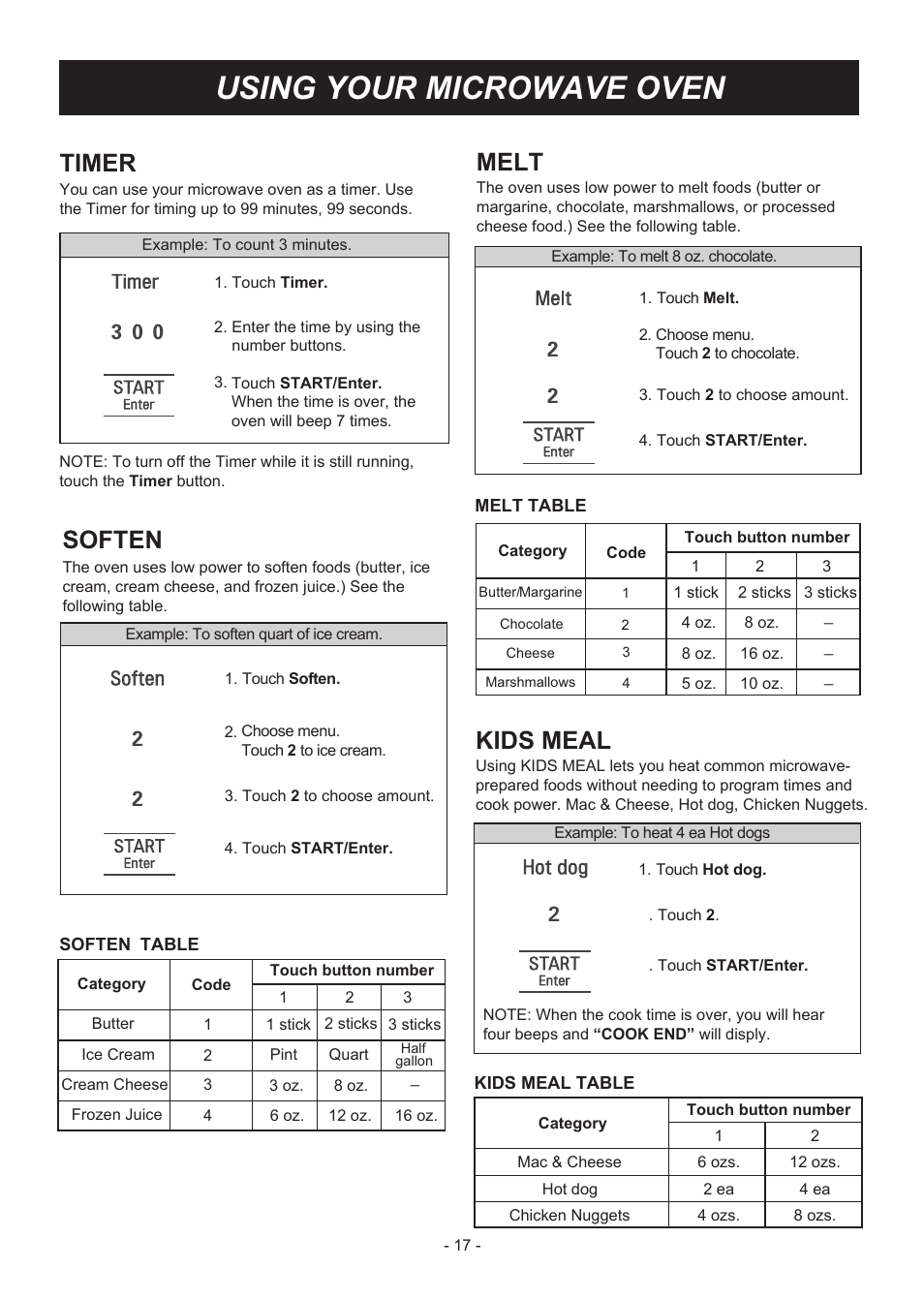 Using your microwave oven, Soften, Melt | Timer, Kids meal | LG LMVM2033SB User Manual | Page 17 / 32