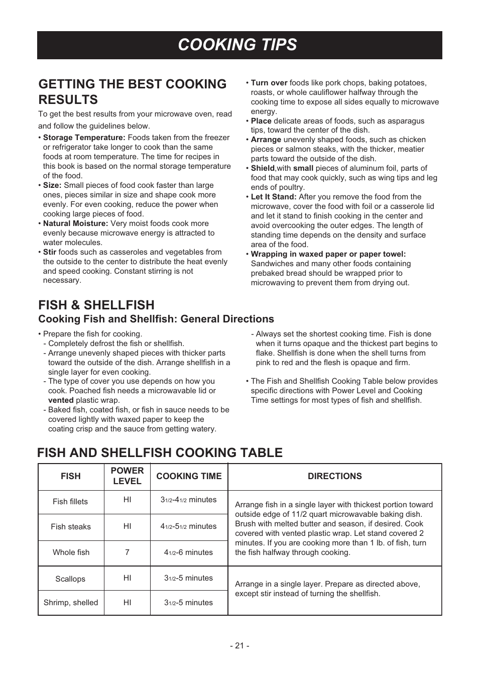 Cooking tips, Getting the best cooking results, Fish & shellfish | Fish and shellfish cooking table, Cooking fish and shellfish: general directions | LG LMVM2033SB User Manual | Page 21 / 32