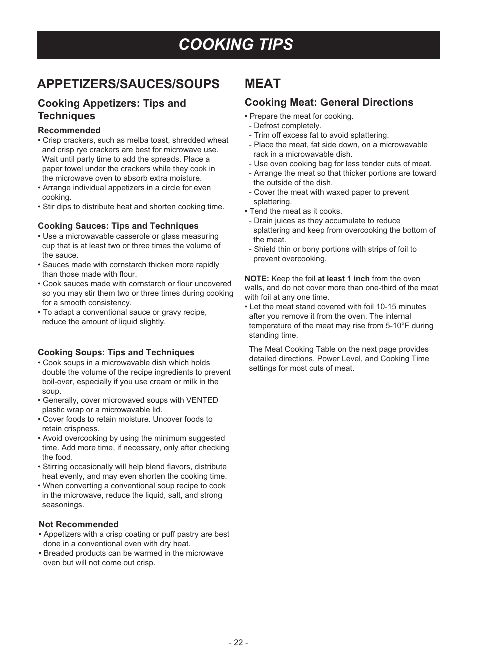 Cooking tips, Appetizers/sauces/soups, Meat | LG LMVM2033SB User Manual | Page 22 / 32