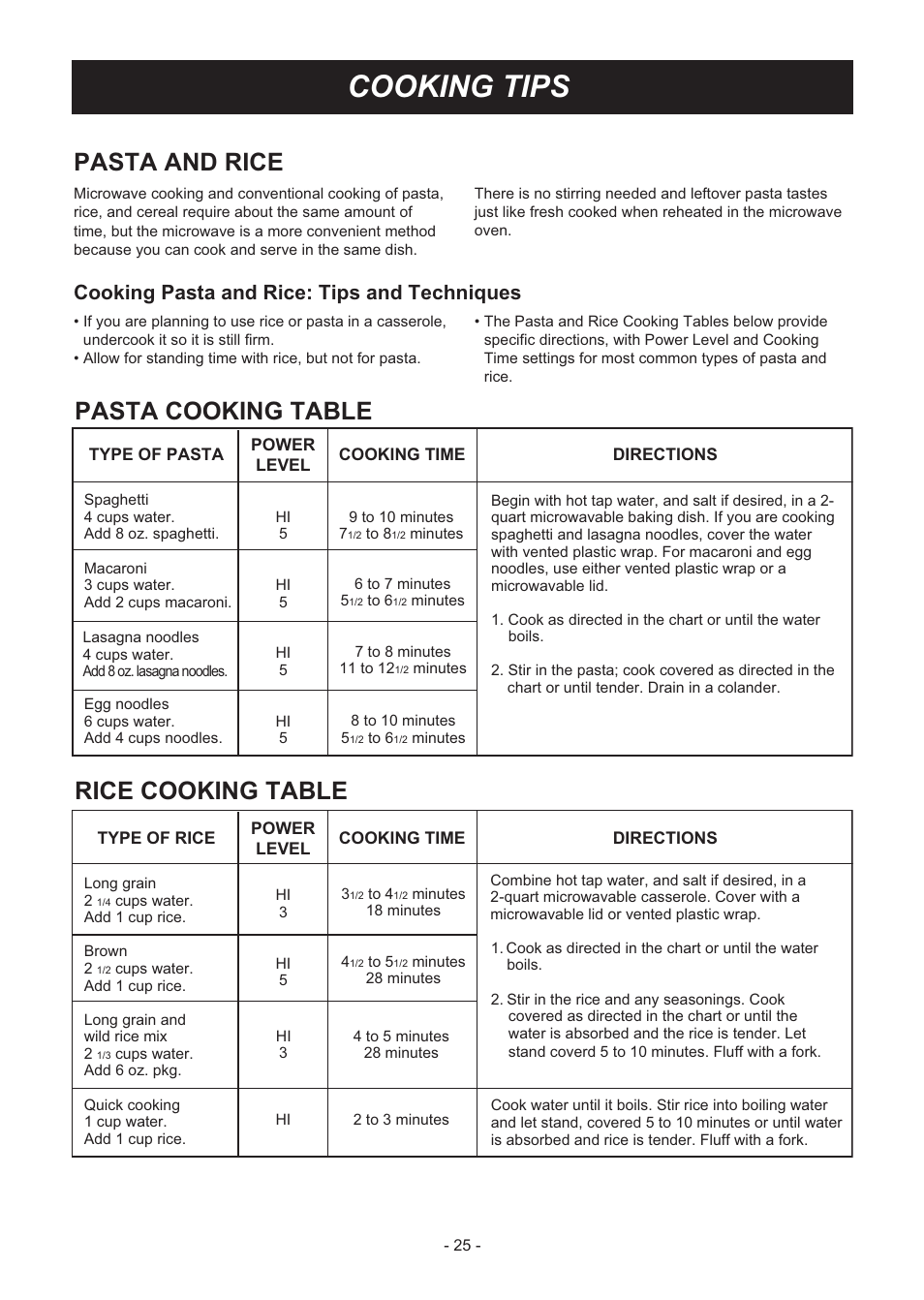 Cooking tips, Pasta and rice, Pasta cooking table | Rice cooking table, Cooking pasta and rice: tips and techniques | LG LMVM2033SB User Manual | Page 25 / 32
