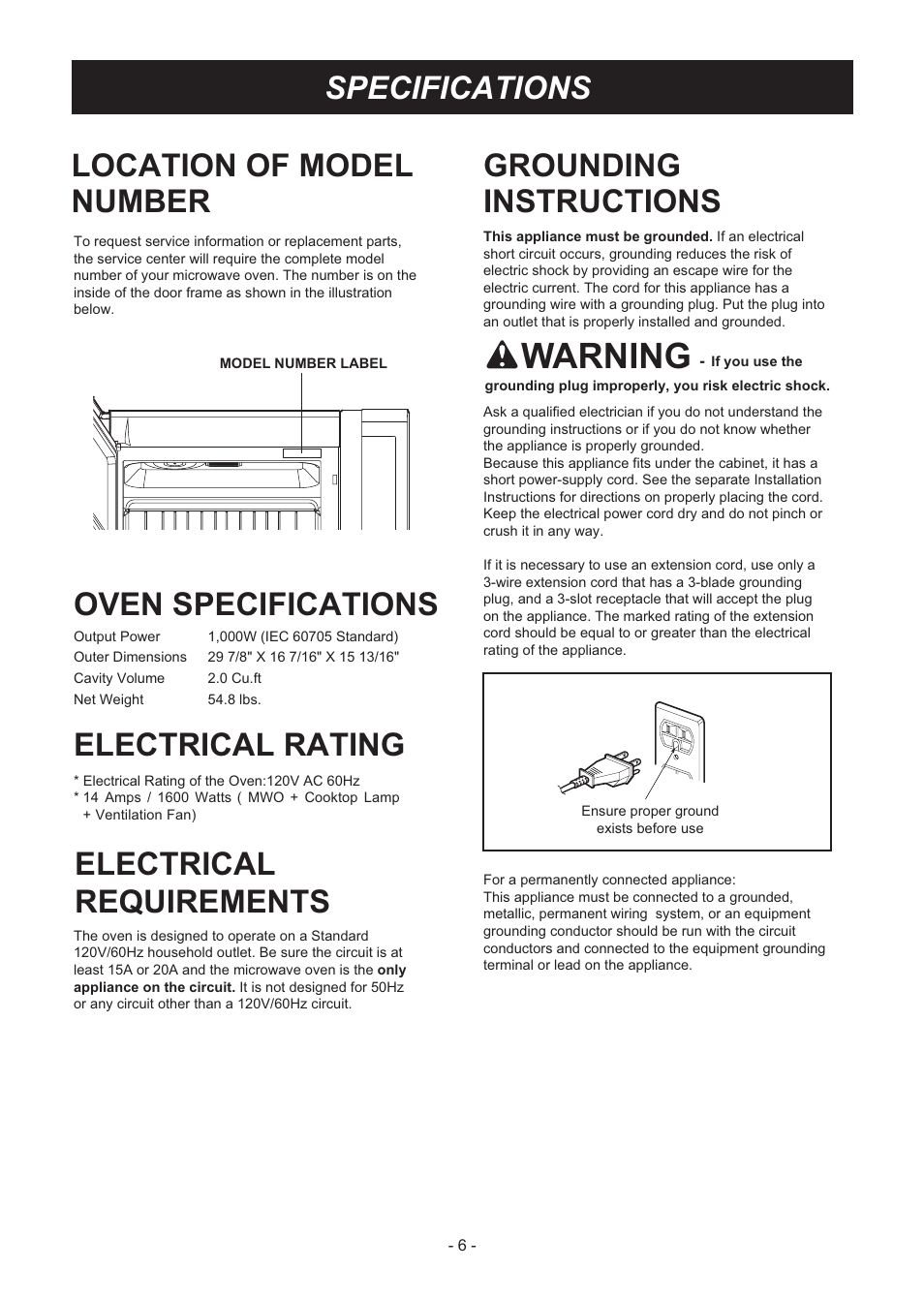 Warning, Location of model number, Oven specifications | Electrical rating, Electrical requirements, Grounding instructions, Specifications | LG LMVM2033SB User Manual | Page 6 / 32