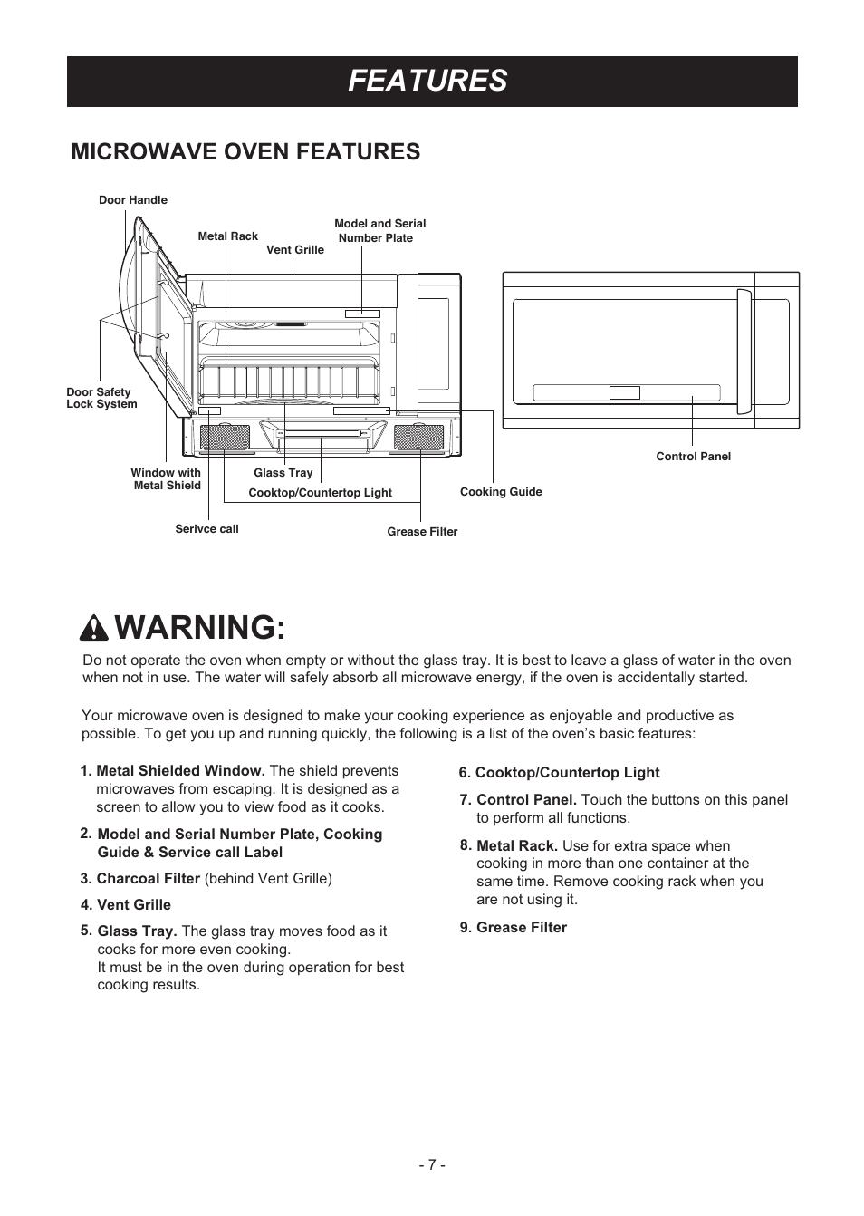 Warning, Features, Microwave oven features | LG LMVM2033SB User Manual | Page 7 / 32