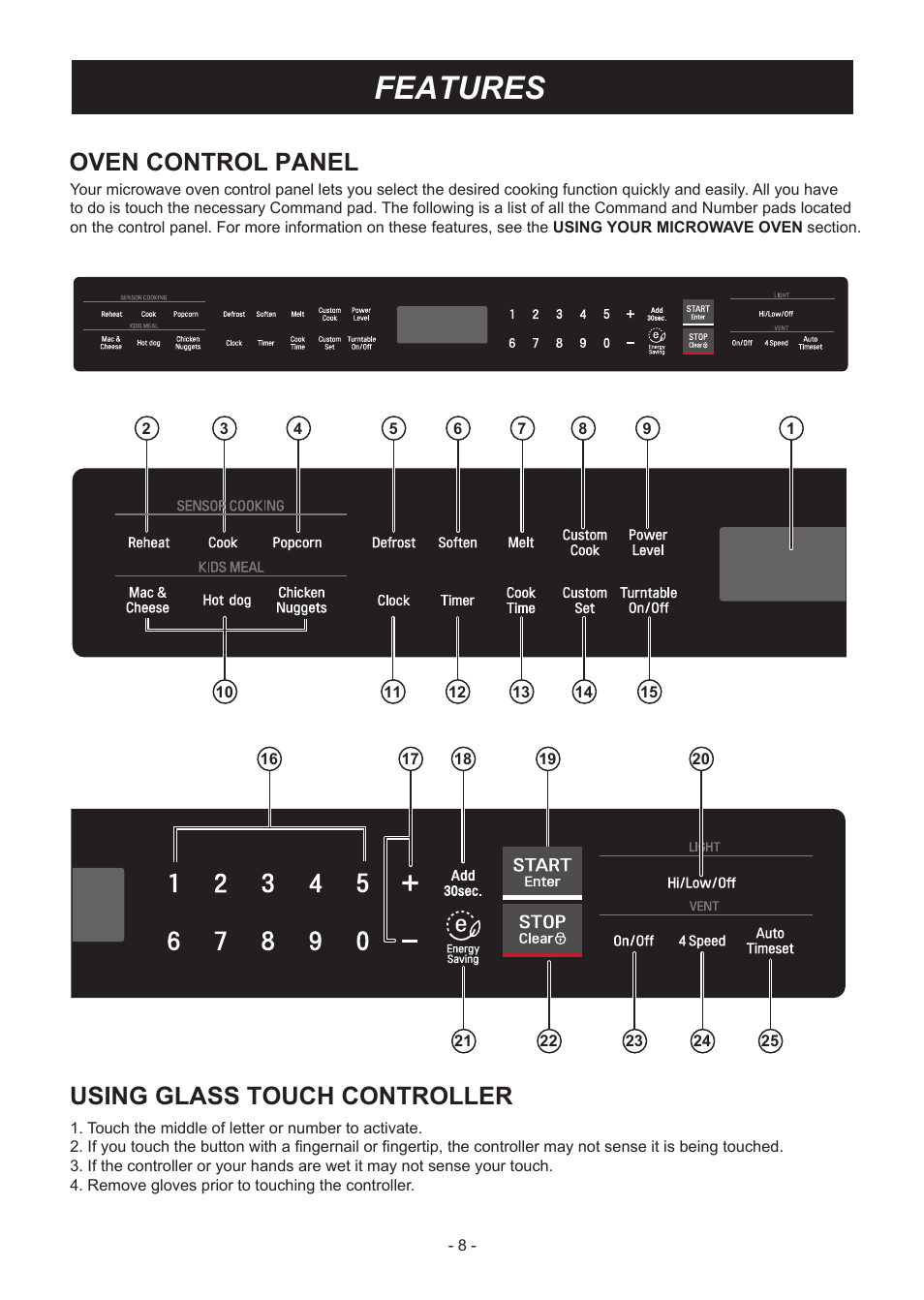 Features, Oven control panel using glass touch controller | LG LMVM2033SB User Manual | Page 8 / 32