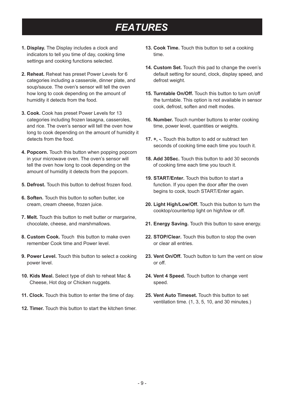Features | LG LMVM2033SB User Manual | Page 9 / 32
