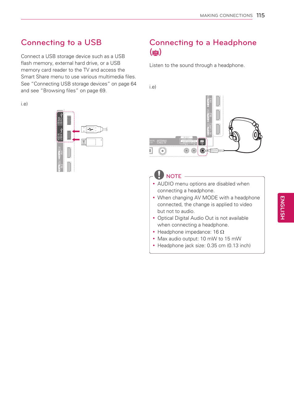 Connecting to a usb, Connecting to a headphone (￼), Age – see p.115 | Eader – see p.115, Connecting to a headphone, English, Listen to the sound through a headphone, I.e), Making connections | LG 55LW5700 User Manual | Page 115 / 172