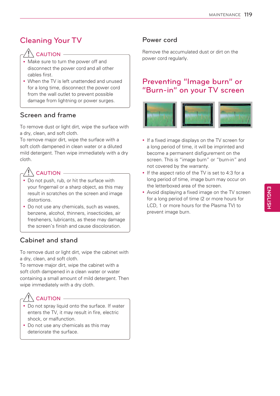 Cleaning your tv, Screen and frame, Cabinet and stand | Power cord, Your tv screen | LG 55LW5700 User Manual | Page 119 / 172